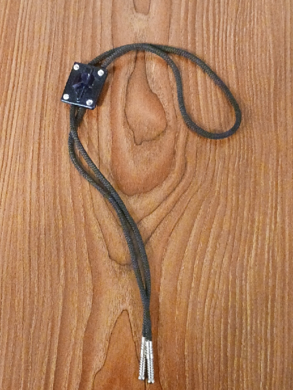 Black Cord Bolo Tie With Blue/Purple Mix Media Slide With Silver Tips On Cord